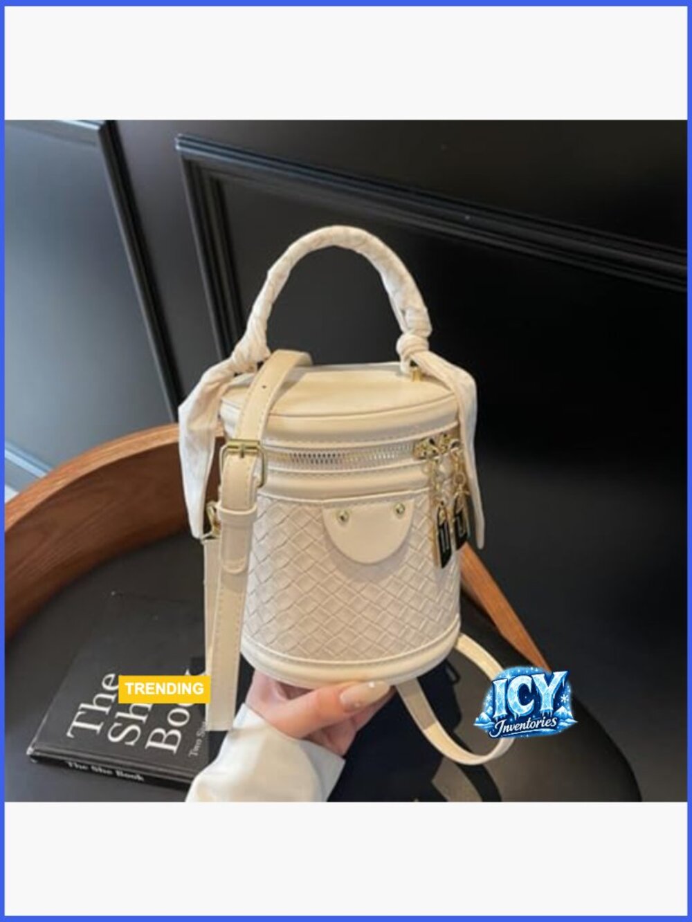 Mini Bucket Crossbody Bag Vegan Leather Woven Texture Zip Closure Shoulder - Picture 6 of 7